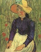 Vincent Van Gogh Young Peasant Woman with Straw Hat Sitting in the Wheat (nn04) painting